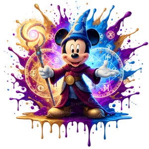 May include: A colourful illustration of Mickey Mouse dressed as a wizard, wearing a blue hat and a burgundy robe. He holds a glowing staff against a background of splattered paint and magical symbols.