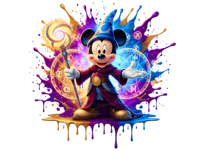 May include: A colourful illustration of Mickey Mouse dressed as a wizard, wearing a blue hat and a burgundy robe. He holds a glowing staff against a background of splattered paint and magical symbols.