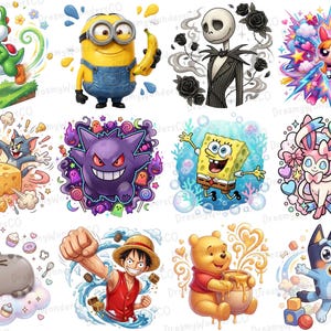 K&ouml;nnte beinhalten: Eine Sammlung farbenfroher Cartoon-Charakter-Illustrationen, darunter Yoshi, ein Minion, Jack Skellington, Blossom von Powerpuff Girls, Tom und Jerry, Gengar, SpongeBob Schwammkopf, Sylveon, Pusheen Cat, Monkey D. Luffy, Winnie Puuh und Bluey.