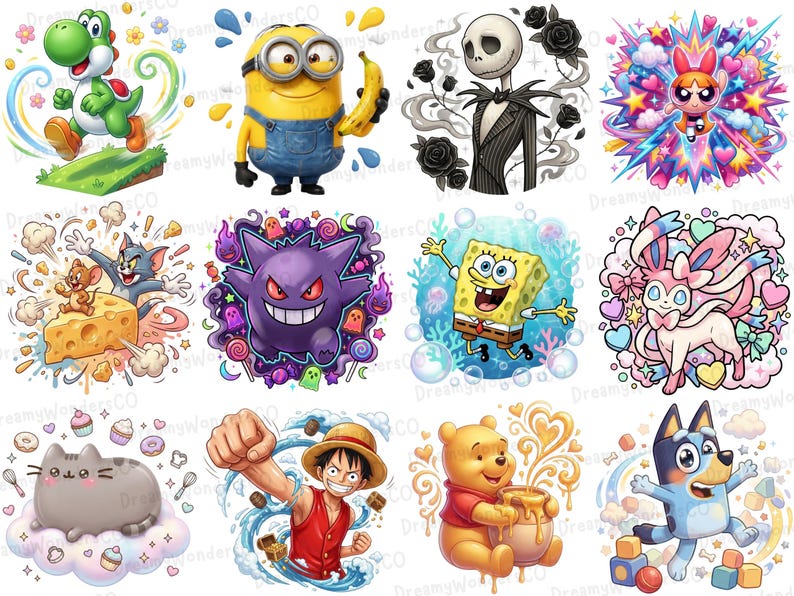 K&ouml;nnte beinhalten: Eine Sammlung farbenfroher Cartoon-Charakter-Illustrationen, darunter Yoshi, ein Minion, Jack Skellington, Blossom von Powerpuff Girls, Tom und Jerry, Gengar, SpongeBob Schwammkopf, Sylveon, Pusheen Cat, Monkey D. Luffy, Winnie Puuh und Bluey.