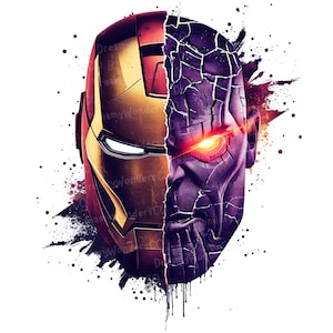 Può includere: Opera d'arte digitale con un design a volto diviso. Un lato raffigura l'elmo di Iron Man in oro e rosso, l'altro lato mostra il volto di Thanos in viola con un occhio rosso incandescente. Schizzi di vernice nera circondano l'immagine.