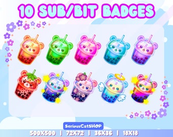 Adorabile orsetto Kawaii Bubble Tea: pacchetto da 10 badge SUB e BIT, design per streamer su Discord/Twitch/YouTube - Download istantaneo