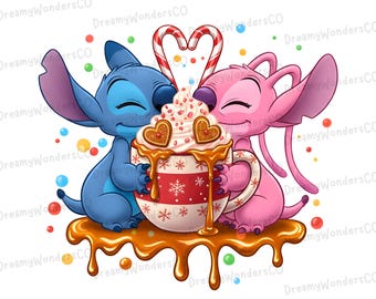 May include: A digital illustration of the characters Stitch and Angel from Lilo & Stitch. They are embracing a large mug of whipped cream-topped hot chocolate with gingerbread hearts. A candy cane heart and caramel drips complete the festive design.