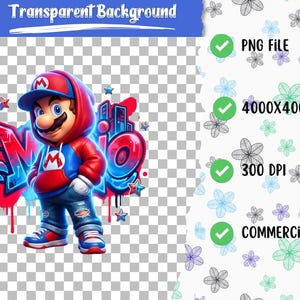 May include: A digital illustration of a cartoon character in a red and blue outfit, with the word "Mario" in graffiti style. The image includes text that says "PNG FILE", "4000x4000 PX", "300 DPI", and "COMMERCIAL USE".