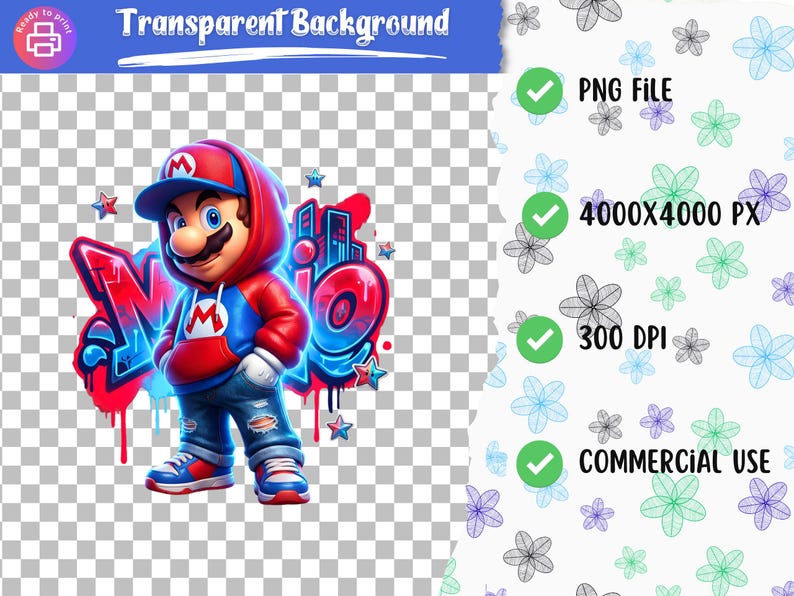 May include: A digital illustration of a cartoon character in a red and blue outfit, with the word "Mario" in graffiti style. The image includes text that says "PNG FILE", "4000x4000 PX", "300 DPI", and "COMMERCIAL USE".