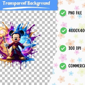 May include: Digital illustration of Mickey Mouse as a wizard, wearing a blue hat and a red robe, holding a staff. The background features a splash of purple and gold paint with magical symbols. The image is labelled as a PNG file, 4000x4000 px, 300 DPI, and for commercial use.
