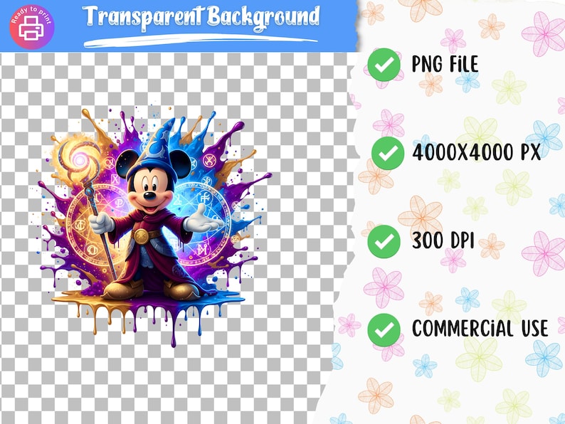 May include: Digital illustration of Mickey Mouse as a wizard, wearing a blue hat and a red robe, holding a staff. The background features a splash of purple and gold paint with magical symbols. The image is labelled as a PNG file, 4000x4000 px, 300 DPI, and for commercial use.