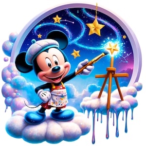 Może przedstawiać: Myszka Miki, w kapeluszu malarza, stoi na chmurze i maluje gwiazdę pędzlem. Tło to niebieskie nocne niebo z gwiazdami i konstelacją.