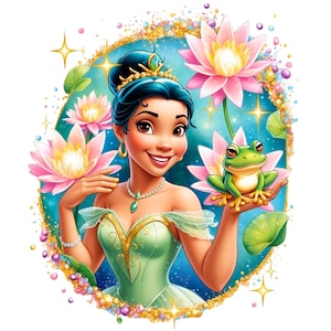 Digital Princess Tiana and Frog PNG Design Clipart - commercial use, instant download, cricut, sublimation, t shirt, mug, watercolor, girl