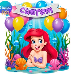 Digital Princess Ariel Birthday Customizable on Canva + PNG Design Clipart -commercial use, instant download ,cricut, sublimation, t shirt
