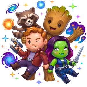 Pode incluir: Ilustração colorida dos personagens de Guardiões da Galáxia. Rocket Raccoon, Groot, Star-Lord e Gamora são retratados com um tema espacial, rodeados por estrelas e elementos cósmicos. Os personagens são em estilo cartoon.