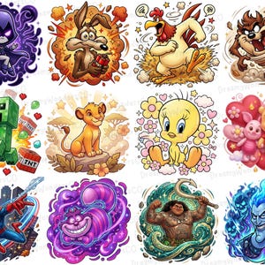 K&ouml;nnte beinhalten: Eine Sammlung farbenfroher Cartoon-Charakter-Illustrationen, darunter Raven, Wile E. Coyote, ein Hahn, Taz, ein Minecraft Creeper, Simba, Tweety, Winnie Puuh, Spider-Man, die Grinsekatze, Maui und Hades.