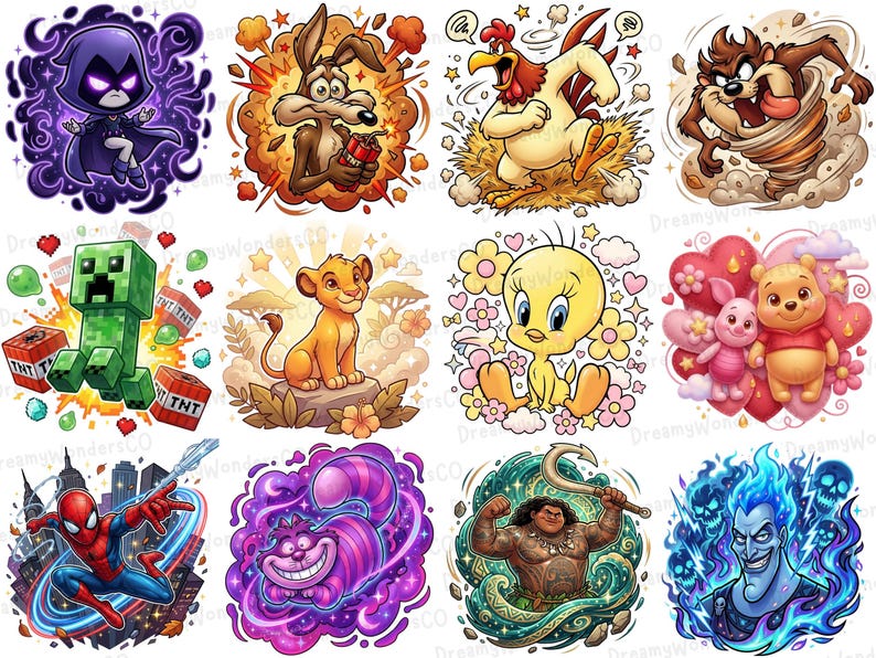 K&ouml;nnte beinhalten: Eine Sammlung farbenfroher Cartoon-Charakter-Illustrationen, darunter Raven, Wile E. Coyote, ein Hahn, Taz, ein Minecraft Creeper, Simba, Tweety, Winnie Puuh, Spider-Man, die Grinsekatze, Maui und Hades.
