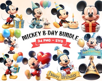 Mickey Mouse Birthday Clipart Bundle: 34 PNG & SVG Graphics (Commercial Use) (Digital Download)