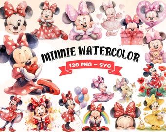 Clipart de acuarela de Minnie: Mega paquete de 120 PNG y SVG (uso comercial)