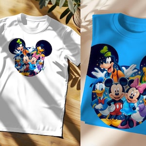 May include: White t-shirt featuring a colorful graphic of Mickey Mouse and friends inside a Mickey Mouse head shape. The design includes characters like Mickey, Minnie, Donald Duck, and Goofy. A second blue t-shirt with the same design is also shown.