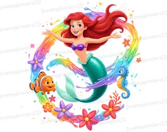 Little Mermaid Princess Ariel Rainbow Splash Clipart: PNG Digital Design