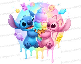 Könnte beinhalten: Digitale Illustration von Stitch und Angel aus Lilo & Stitch, die eine Regenbogen-Eistüte halten. Das Bild enthält Süßigkeiten, einen Teddybären und ein Pastellfarbschema. Der Text "Dreamy Wonders CO" ist ebenfalls vorhanden.