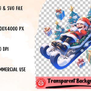 Pode incluir: Um personagem de desenho animado vestido de Papai Noel dorme em um tren&oacute; azul com uma &aacute;rvore de Natal verde e presentes. O fundo &eacute; transparente.