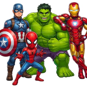 以下が含まれることがあります： キャプテン・アメリカ、スパイダーマン、ハルク、アイアンマンのイラスト。キャプテン・アメリカは盾を持っています。スパイダーマンはダイナミックなポーズです。ハルクは緑色で筋肉質です。アイアンマンは赤と金のスーツを着ています。