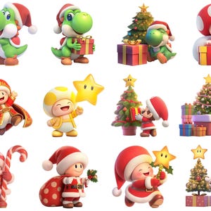 Pode incluir: Uma cole&ccedil;&atilde;o de personagens da franquia Super Mario com tema natalino. Os personagens incluem Mario, Luigi, Yoshi, Toad e Toadette. Todos est&atilde;o vestidos com trajes festivos e segurando itens com tema natalino, como presentes, bengalas de doces e enfeites.