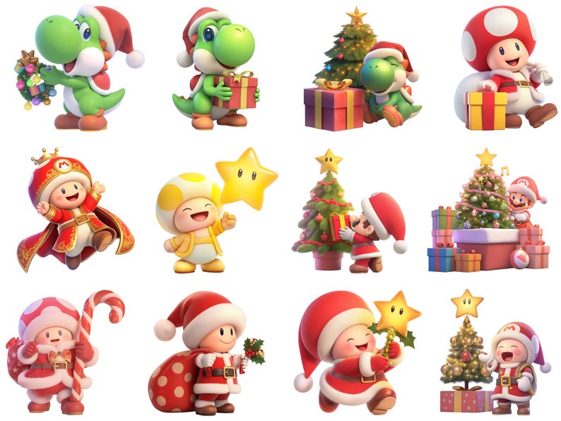 Pode incluir: Uma cole&ccedil;&atilde;o de personagens da franquia Super Mario com tema natalino. Os personagens incluem Mario, Luigi, Yoshi, Toad e Toadette. Todos est&atilde;o vestidos com trajes festivos e segurando itens com tema natalino, como presentes, bengalas de doces e enfeites.