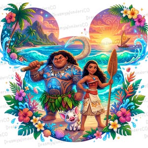 Puede incluir: Una vibrante ilustración con personajes de una popular película animada. La obra de arte muestra una escena de playa tropical con personajes, incluyendo una figura musculosa con tatuajes, una joven y un pequeño cerdo. El fondo incluye una puesta de sol, olas del mar y flores tropicales.