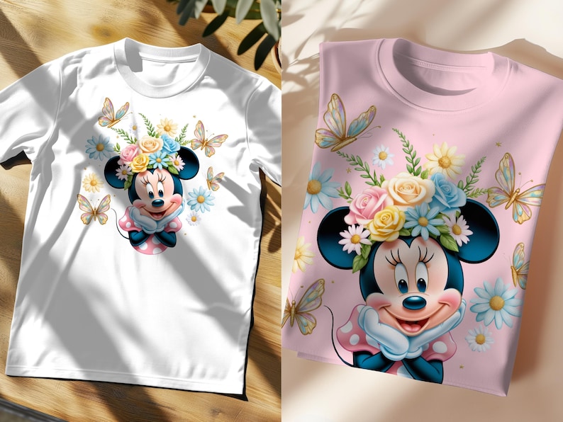 May include: Two t-shirts featuring a cartoon image of Minnie Mouse wearing a flower crown. The white t-shirt has a simple design, while the pink t-shirt has a more detailed floral pattern.