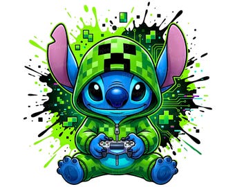 Gamer Stitch PNG – Green Onesie, Gaming Kids Paint Splash Design (Digital Download)