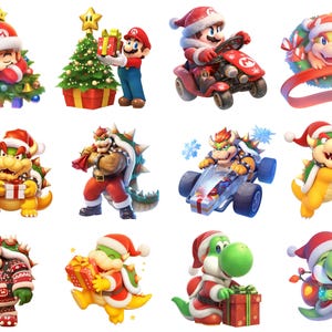 Pode incluir: Uma cole&ccedil;&atilde;o de 10 personagens natalinos festivos da franquia Super Mario. Os personagens incluem Mario, Luigi, Bowser, Yoshi e Toad. Cada personagem est&aacute; usando um chap&eacute;u de Papai Noel e segurando um presente. Os personagens est&atilde;o todos em um fundo branco.