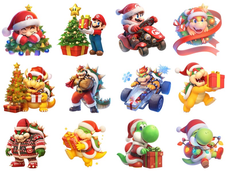 Pode incluir: Uma cole&ccedil;&atilde;o de 10 personagens natalinos festivos da franquia Super Mario. Os personagens incluem Mario, Luigi, Bowser, Yoshi e Toad. Cada personagem est&aacute; usando um chap&eacute;u de Papai Noel e segurando um presente. Os personagens est&atilde;o todos em um fundo branco.
