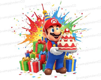 Super Mario Holding Birthday Cake Splash - PNG Design Clipart (Commercial Use)
