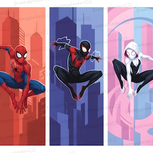 May include: Three vertical illustrations of Spider-Man characters. The first shows Spider-Man in a red and blue suit against a red cityscape. The second features Miles Morales in a black and red suit against a blue cityscape. The third shows Spider-Gwen in a black and white suit against a pink cityscape.
