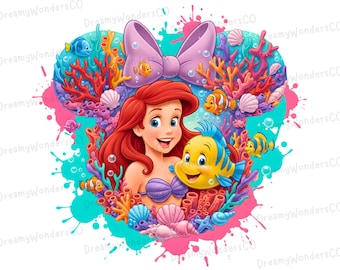 Little Mermaid Princess Ariel Fishes Mouse Silhouette Splash Clipart: PNG Digital Design