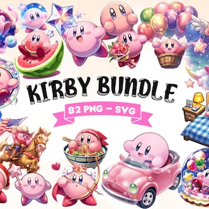 Puede incluir: Un paquete de clipart digital con 82 personajes rosas de Kirby en varias poses y escenarios. Los personajes están representados en un estilo de dibujos animados e incluyen una variedad de expresiones. El texto "KIRBY BUNDLE 82 PNG - SVG" se muestra en el centro de la imagen.