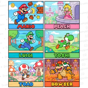 Puede incluir: Una colorida ilustración con seis paneles de personajes de la serie de videojuegos Super Mario. Mario rompe una pared de ladrillos, Peach está en un castillo, Luigi corre, Yoshi corre, Toad y Bowser. Cada panel tiene el nombre del personaje.