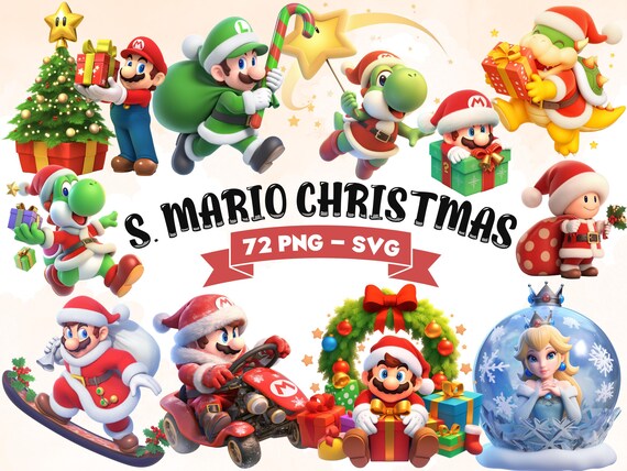 Christmas Super Mario Clipart Bundle: 72 PNG & SVG Graphics (Commercial Use)