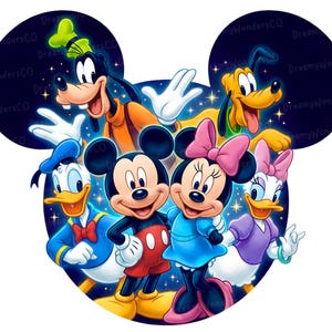 May include: A colorful illustration of Disney characters, including Mickey Mouse, Minnie Mouse, Donald Duck, Daisy Duck, Goofy, and Pluto. The characters are set against a starry background within a Mickey Mouse head shape.