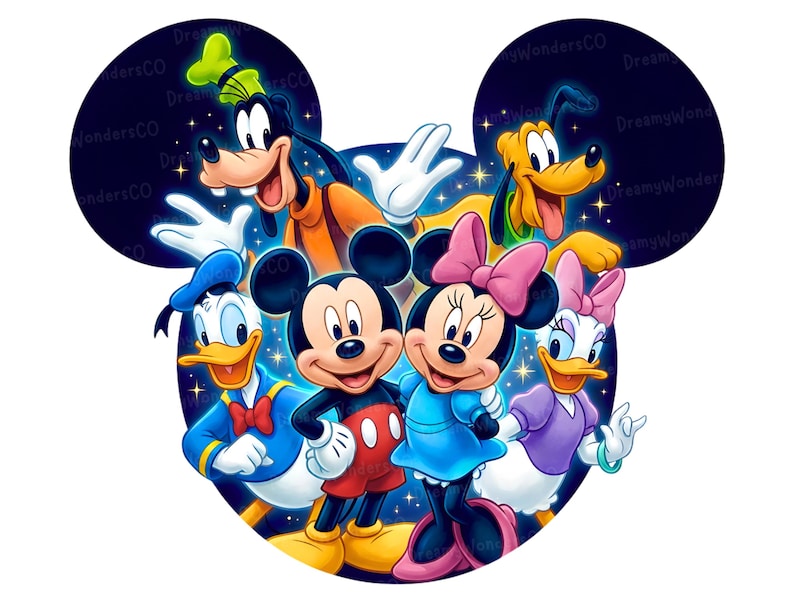 May include: A colorful illustration of Disney characters, including Mickey Mouse, Minnie Mouse, Donald Duck, Daisy Duck, Goofy, and Pluto. The characters are set against a starry background within a Mickey Mouse head shape.