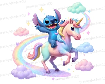 Stitch Riding Pastel Unicorn PNG Rainbow Design Clipart (commercieel gebruik)