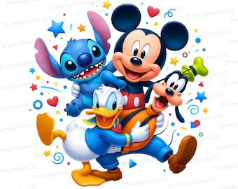 Stitch Mickey Donald and Goofy Group Design PNG – Fun Friends Cartoon Illustration Clipart Digital