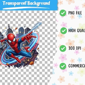 K&ouml;nnte beinhalten: Digitale Illustration von Spider-Man in dynamischer Pose, vor einer Stadtkulisse. Der Superheld ist in seinem klassischen rot-blauen Anzug dargestellt, mit Spinnweben und einem lebendigen Energiestrahl. Das Bild ist als PNG-Datei, hohe Qualit&auml;t, 300 DPI und f&uuml;r kommerzielle Nutzung gekennzeichnet.