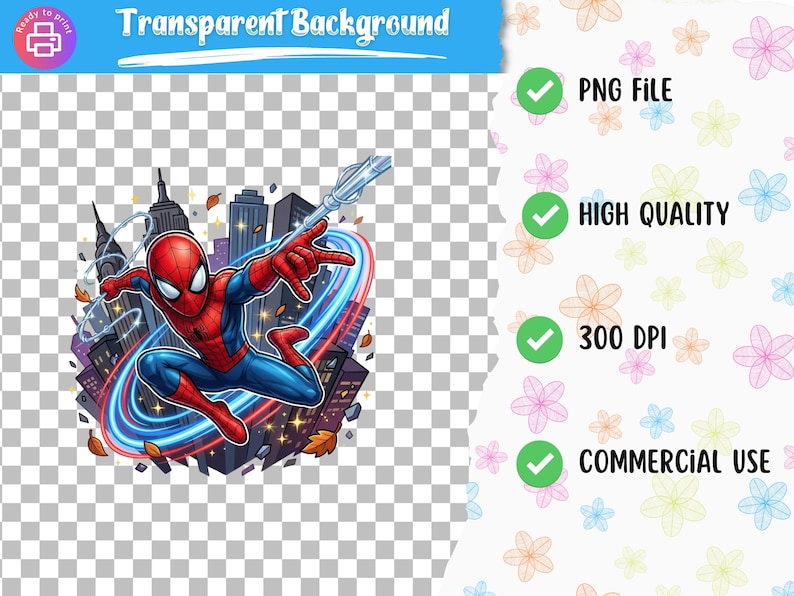 K&ouml;nnte beinhalten: Digitale Illustration von Spider-Man in dynamischer Pose, vor einer Stadtkulisse. Der Superheld ist in seinem klassischen rot-blauen Anzug dargestellt, mit Spinnweben und einem lebendigen Energiestrahl. Das Bild ist als PNG-Datei, hohe Qualit&auml;t, 300 DPI und f&uuml;r kommerzielle Nutzung gekennzeichnet.