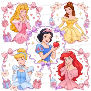 May include: Illustration of six Disney princesses: Aurora, Belle, Snow White, Cinderella, and Ariel. Each princess is surrounded by pink bows, hearts, gifts, and candy jars. The princesses are in their signature dresses, with their hair styled accordingly.