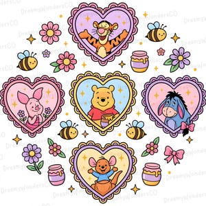 May include: A colorful illustration featuring beloved characters from Winnie the Pooh, including Tigger, Winnie the Pooh, Piglet, Eeyore, and Roo, each framed in heart-shaped borders. The design includes bees, flowers, honey pots, and stars.