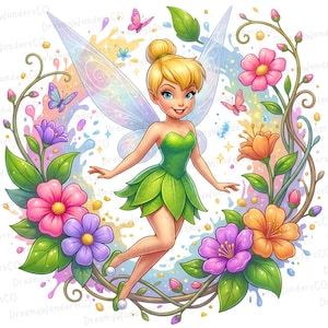 Peut inclure: Illustration numérique d'une fée aux cheveux blonds, aux yeux bleus et vêtue de vert, entourée d'une couronne florale. La fée a des ailes translucides et se détache sur un fond coloré de style aquarelle avec des papillons.