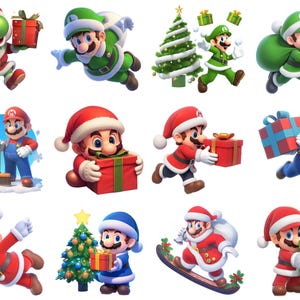Pode incluir: Uma cole&ccedil;&atilde;o de personagens da franquia Super Mario com tema natalino. Os personagens est&atilde;o vestidos com trajes de Papai Noel e segurando presentes. H&aacute; tamb&eacute;m uma &aacute;rvore de Natal e um boneco de neve na imagem.