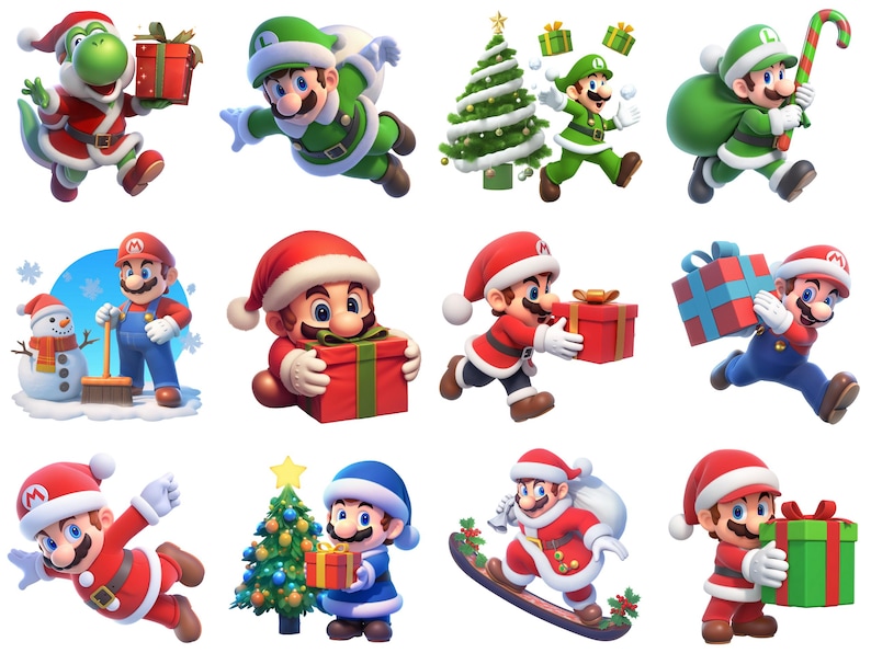 Pode incluir: Uma cole&ccedil;&atilde;o de personagens da franquia Super Mario com tema natalino. Os personagens est&atilde;o vestidos com trajes de Papai Noel e segurando presentes. H&aacute; tamb&eacute;m uma &aacute;rvore de Natal e um boneco de neve na imagem.