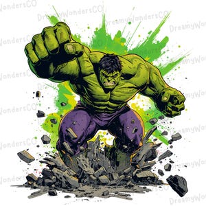 May include: A dynamic illustration of the Hulk, a green-skinned superhero, in a powerful pose. He is breaking through a surface, with debris scattered around. The background features green paint splatters. The Hulk is wearing purple pants.