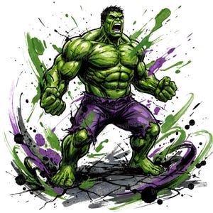 Puede incluir: Ilustración de Hulk, un superhéroe de piel verde, en una pose dinámica. Lleva pantalones cortos morados rasgados y tiene una expresión de enfado. Salpicaduras de pintura verdes y moradas rodean la figura, sobre un fondo blanco.
